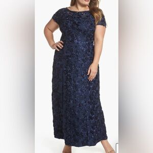 Alex Evenings Rosette Lace Navy Blue Sequin Long Maxi Dress Gown Wedding Prom 16